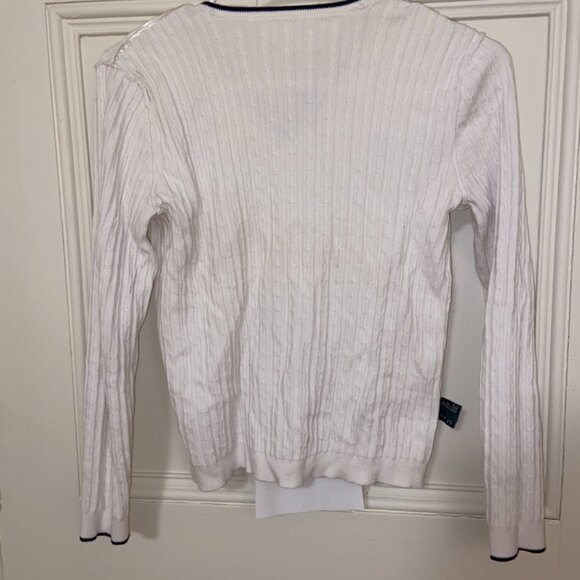Polo Ralph Lauren Cable Knit White Navy Cotton V Neck Pullover - Picture 3 of 5